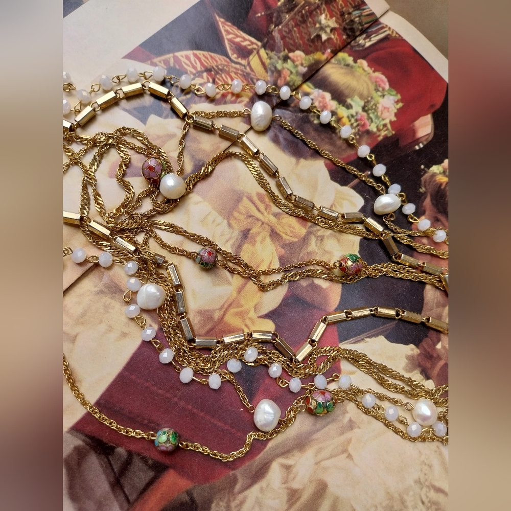 Multi-Layered Gold & Pearl Necklace - Picture 7 of 13